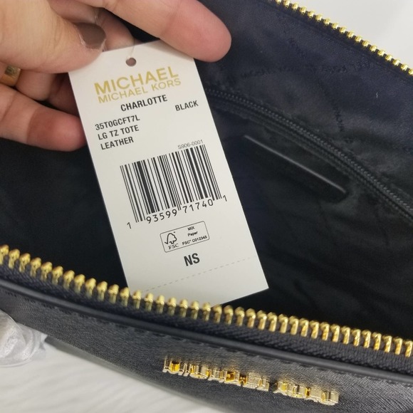 Michael Kors Charlotte Large Black Leather Tote Bag Zip Closure Gold Hardware - Picture 7 of 8